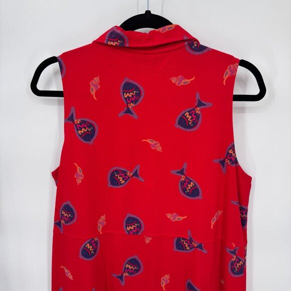 Vintage Zip Code Collared Maxi Dress‎ Womens Large Red Cotton Fish Print Mexico - Picture 4 of 7